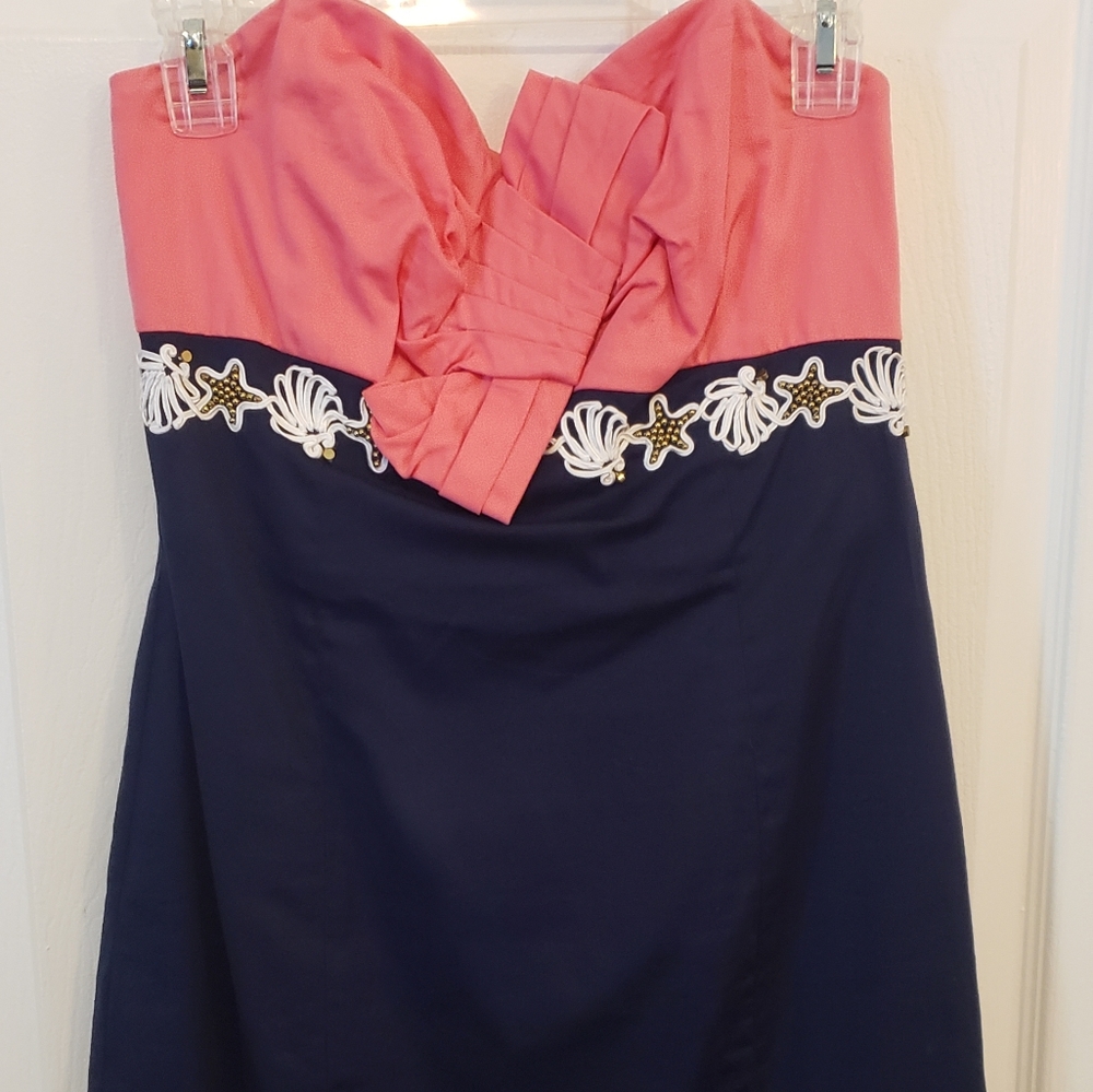 EUC Lilly Pulitzer Navy & Pink Karissa strapless dress with seashell detail